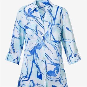 Chico’s Blue & White Swirl Watercolor Rolltab Sleeve Button Down Size 1 (US M)